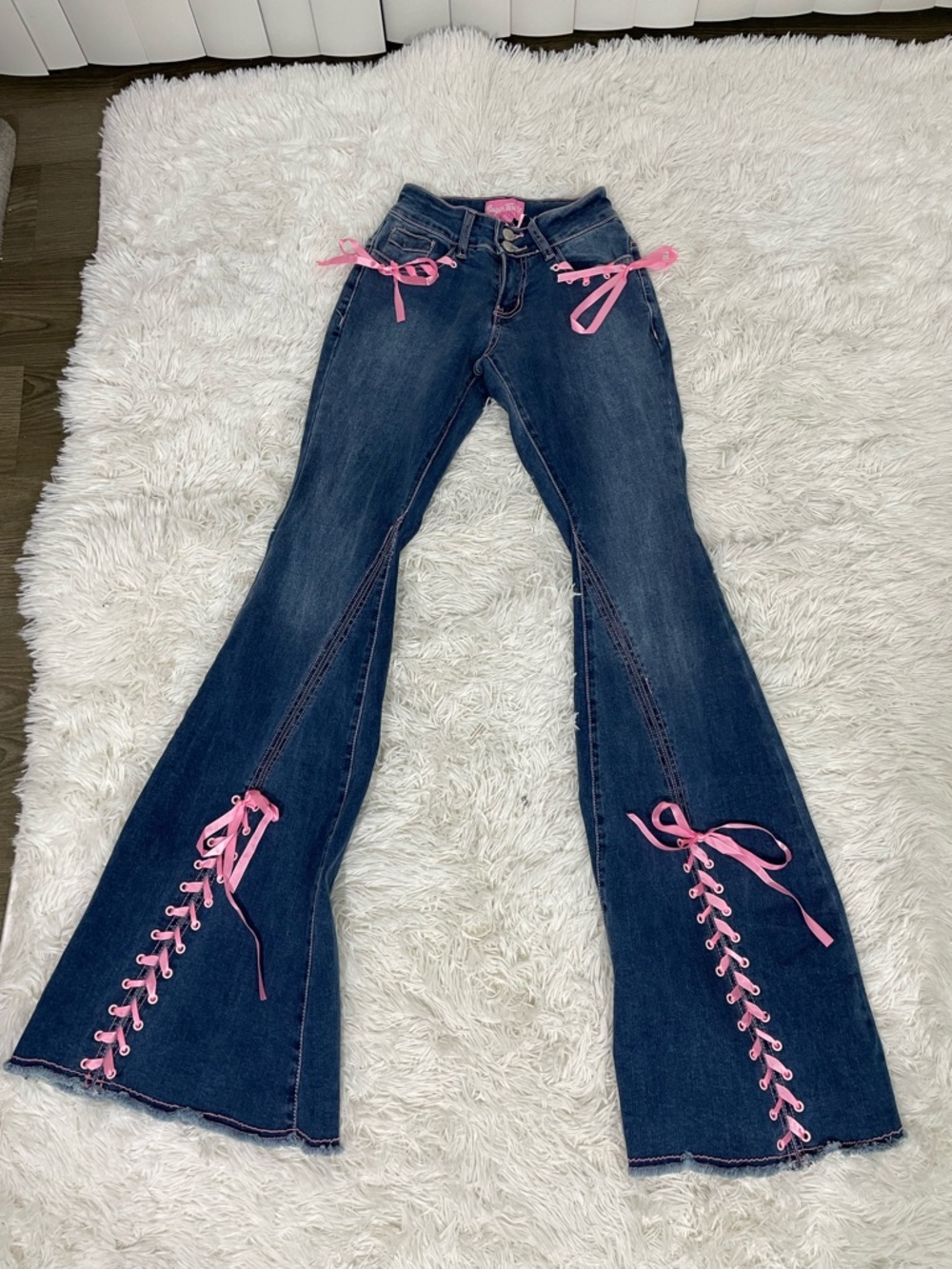 SUGAR THRILLZ Amazed Babe Corset Tie Low Rise Flare Jeans Blue Pink Size XXS - Picture 2 of 9
